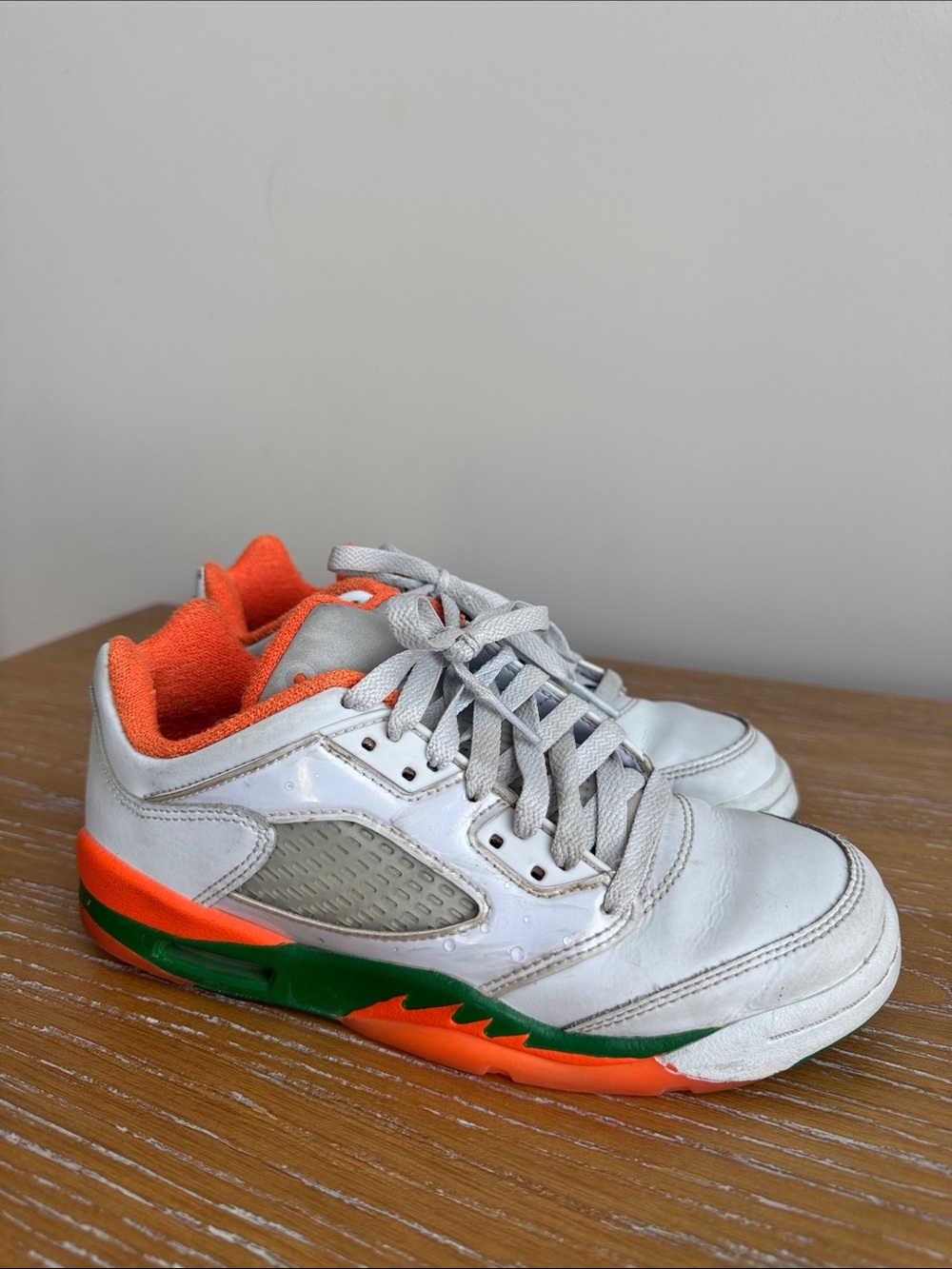 Jordan Kids White Sneakers with Orange Inner Lining & Green Sole Accents